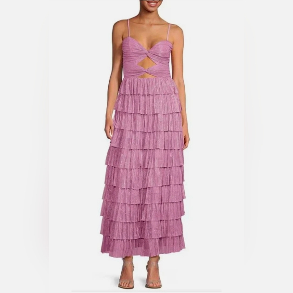 Gianni Bini Grace Metallic Sweetheart Neck Cutout Front Tiered Dress: Ballet